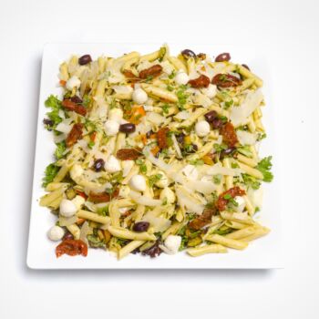 Platter of Pasta Salad with Baby Mozzarella and Sundried Tomatoes