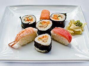 Mini Sushi Platter with Wasabi, Ginger, Pickle and Chopsticks